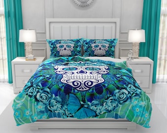 Butterflies and Sugar Skull Comforter or Duvet Cover with Pillow Shams | Twin, Full, Queen, King Size Bedding | Aqua and Teal Skull Bedding