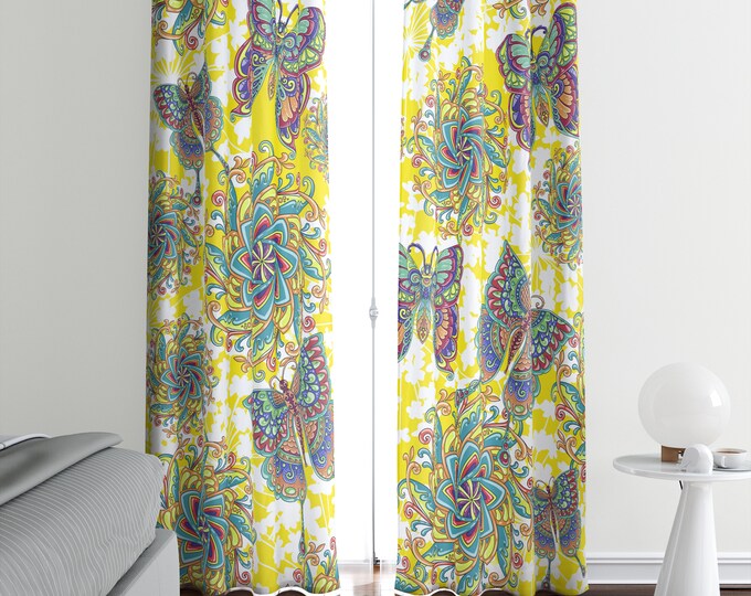 Yellow Butterfly Floral Window Curatins Boho Theme