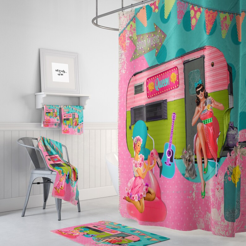 Retro Girl Road Trip Shower Curtain Collage Optional Bath Towels Mat Glam Camping