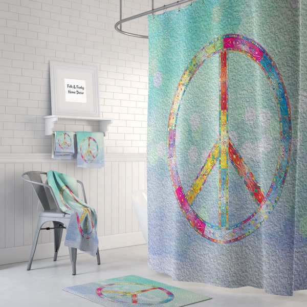 Peace Sign   Shower Curtain Optional Bath  Mat Bathroom Set Boho Hippie Chic