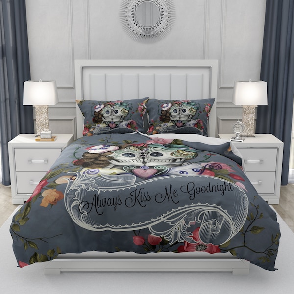 Sugar Skull Couple Bedding, Choose Comforter, Duvet Cover, Pillow Shams