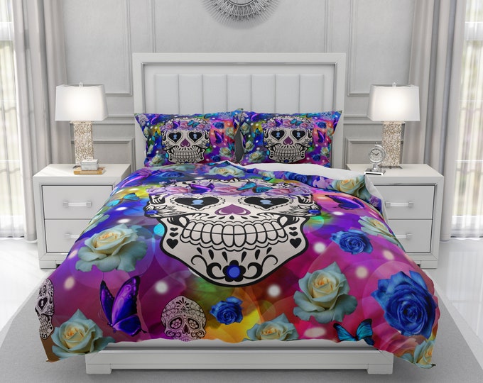 Roses and Skulls Bedding, Sugar Skull Comforter,Butterfly and Skull Duvet, Colorful Doona Covers, Bedding Sets