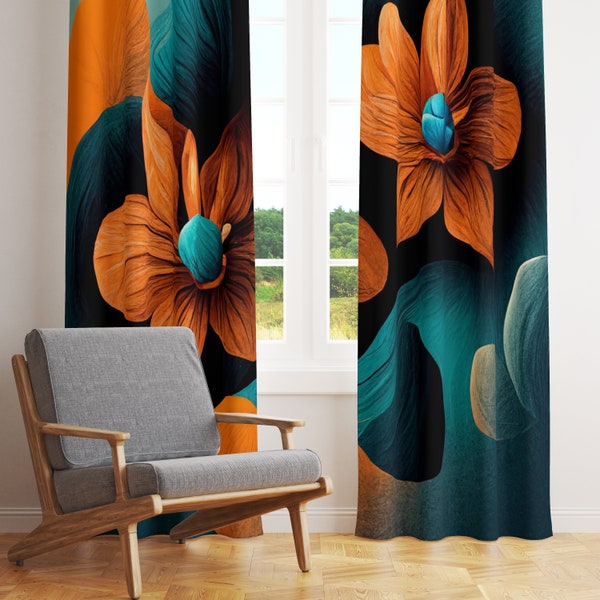 Orange and Teal Floral Abstract Window Curtains