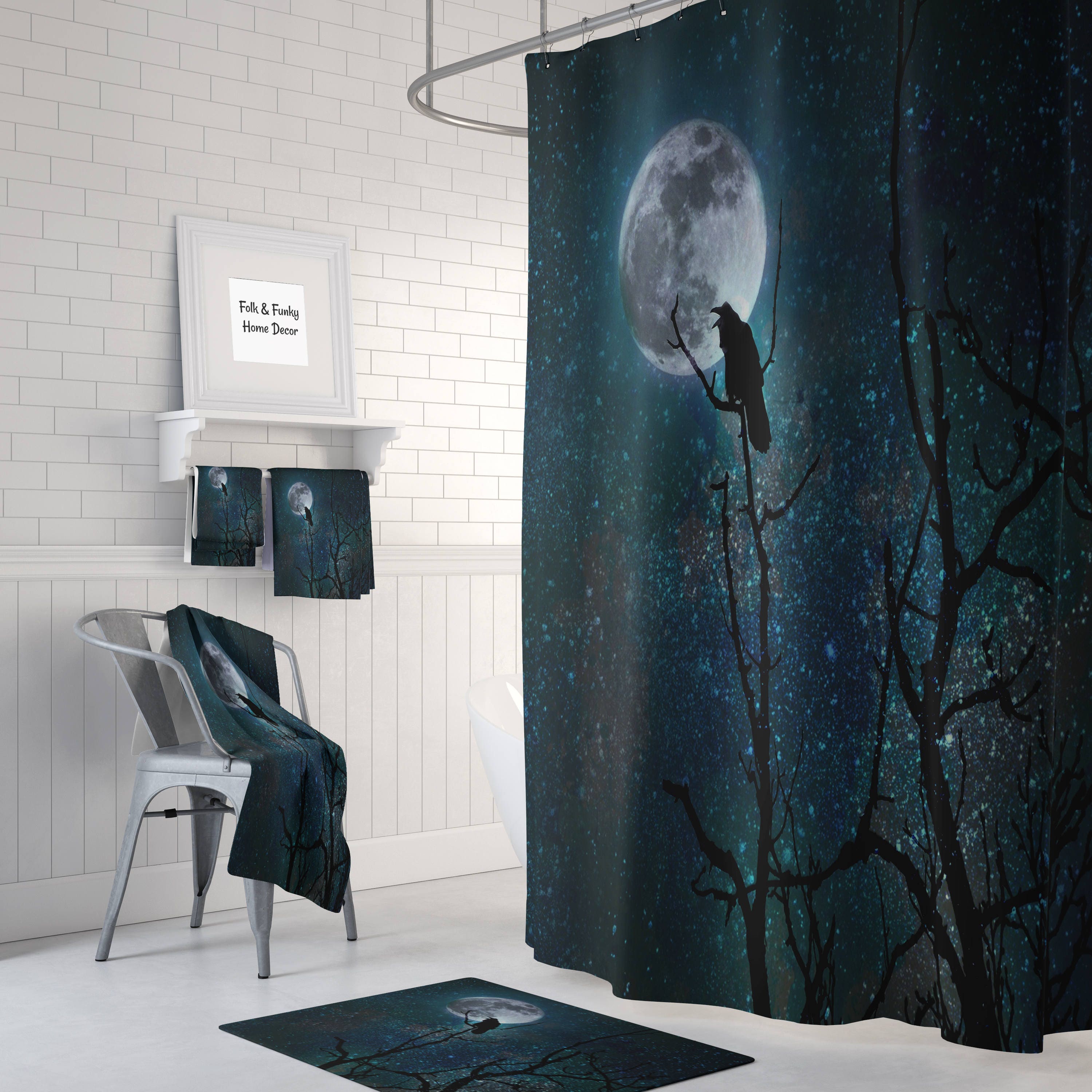 Gothic Shower Curtain Raven Crow Night Sky Bath Mat Bath Towels
