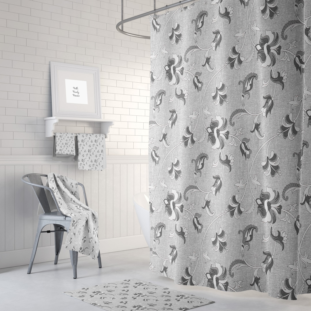 Gray Floral Shower Curtain Optional Towels and Mat Neutral Bathroom Set