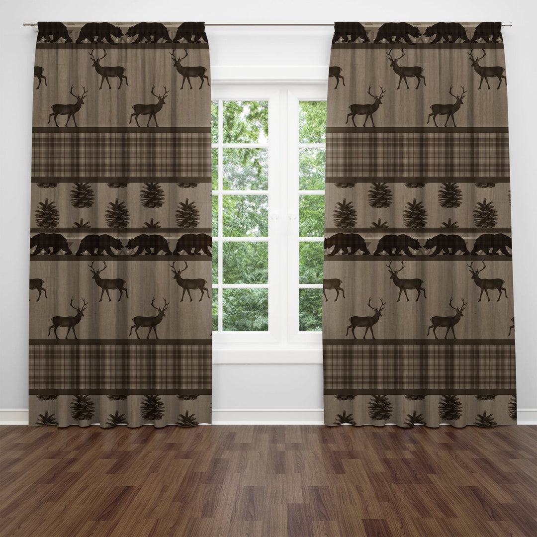 Woodland Animal Window Curtains, Lodge Theme Curtain Panels, Rustic