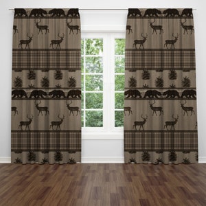 Woodland Animal Window Curtains, Lodge Theme Curtain Panels, Rustic Home Decor