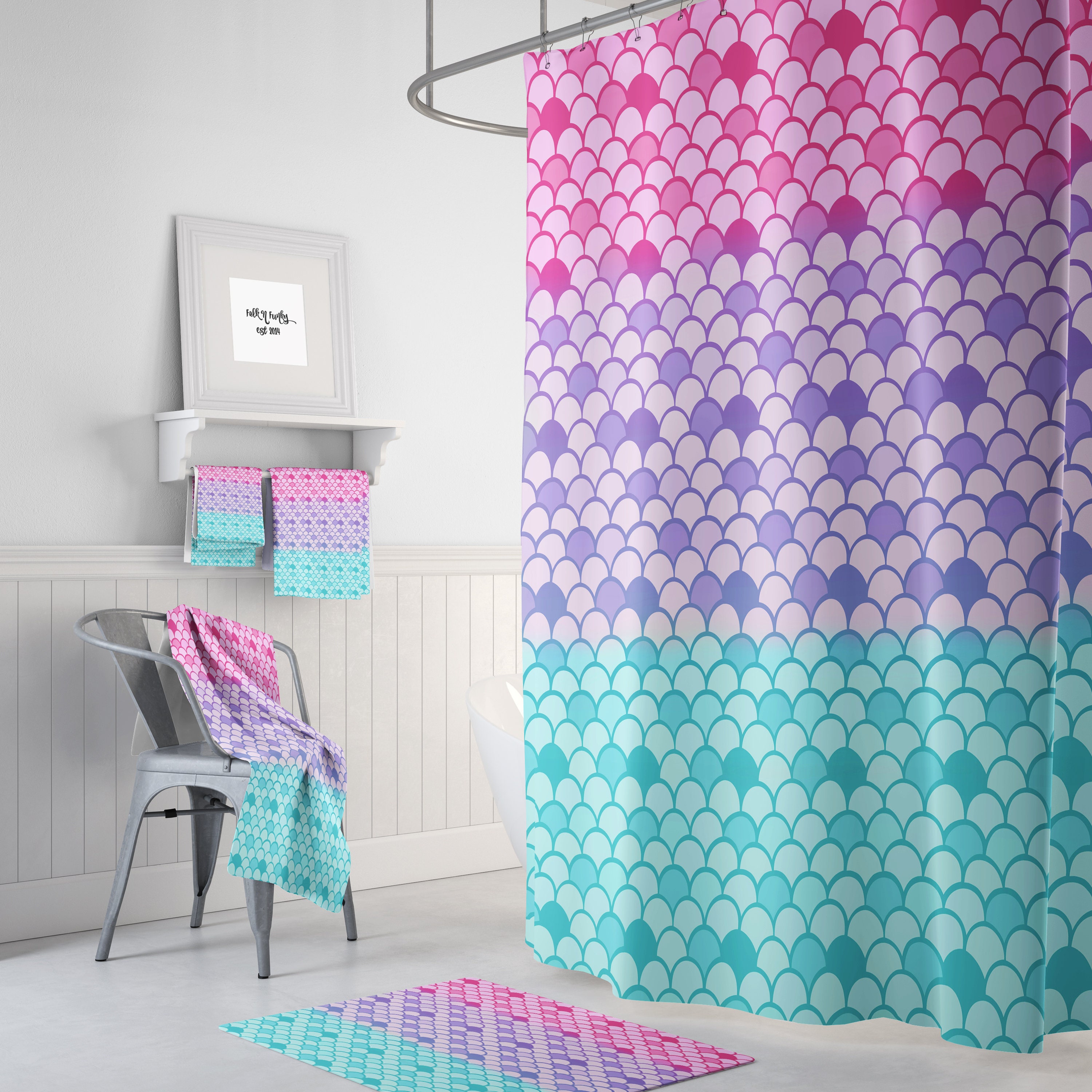 Mermaid Blue Scales Shower Curtain Bath Mat Toilet Cover Rug Bathroom Decor Set 