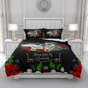 Skull Bedding, Sugar Skulls Duvet Cover Comforter Set, Black Red Rose Floral Always Kiss Me Goodnight Day Of The Dead Decor image 1