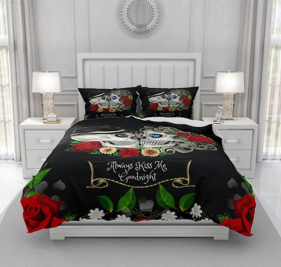 Skull Bedding Sugar Skulls Duvet Cover Comforter Set Black Etsy