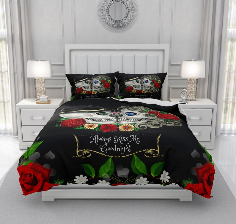 Skull Bedding, Sugar Skulls Duvet Cover Comforter Set, Black Red Rose Floral Always Kiss Me Goodnight Day Of The Dead Decor image 1