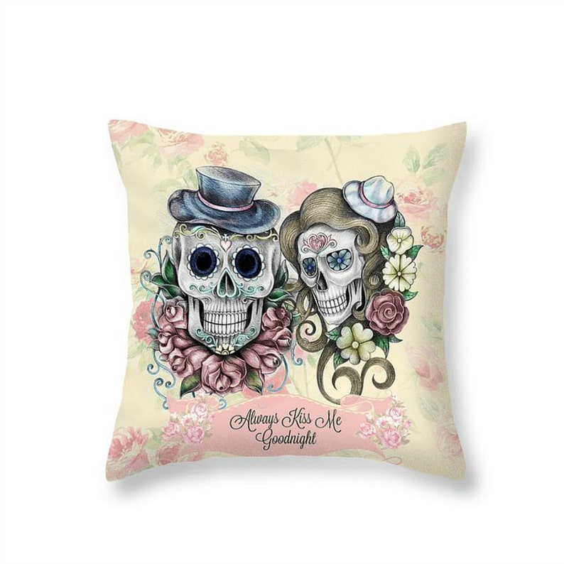 Sugar Skull Throw Pillow Skeletons Always Kiss Me Goodnight Soft Cream Rose Floral image 1