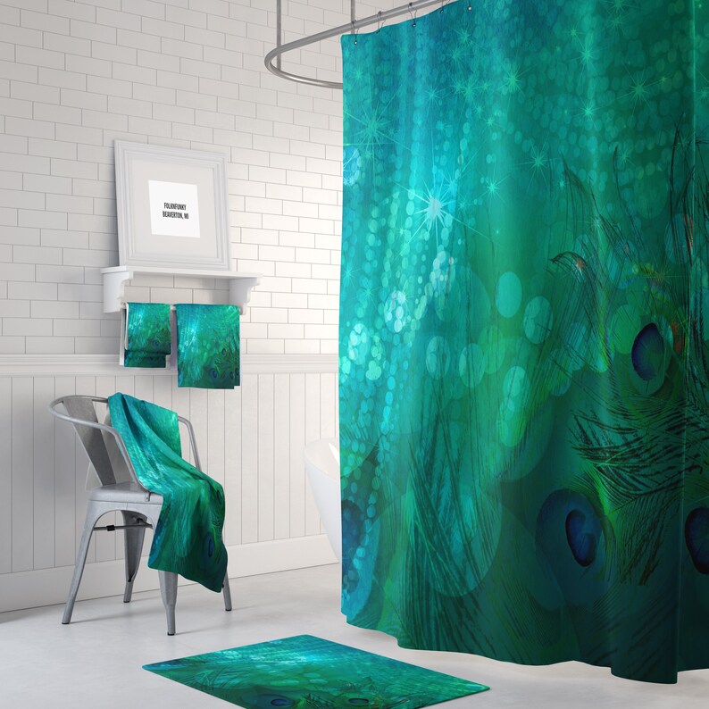 Teal Peacock Shower Curtain Bath Mat and Towels Available Etsy