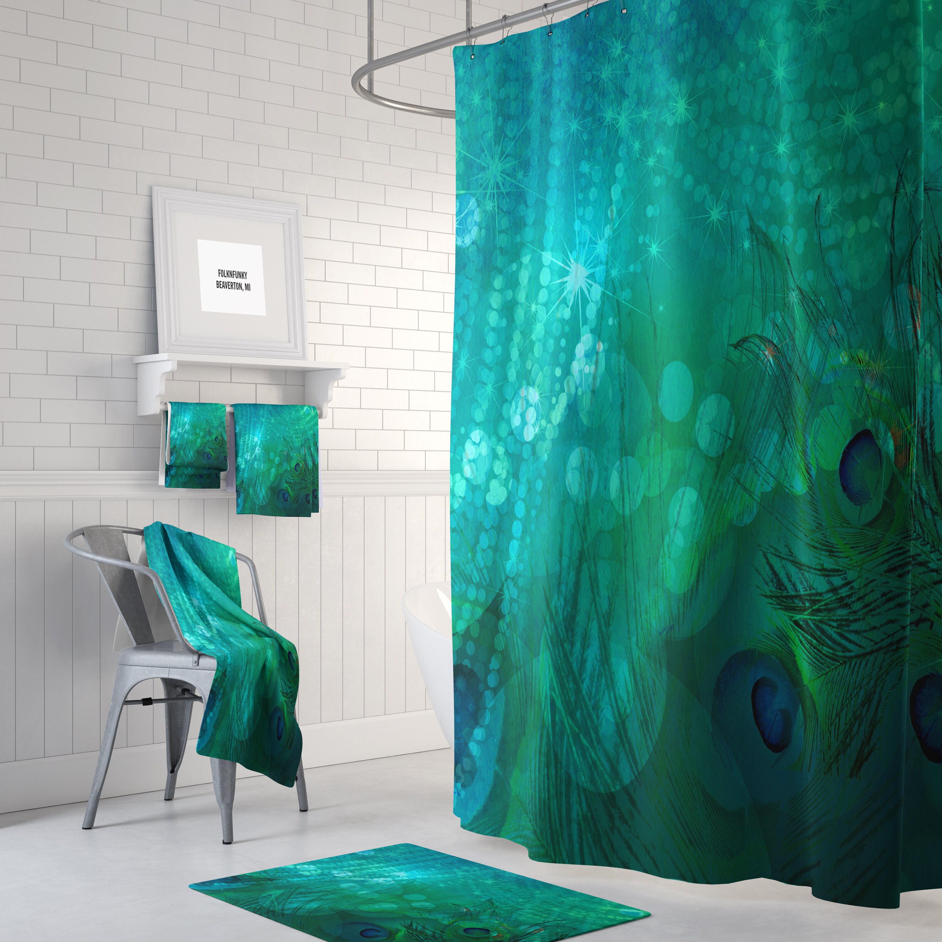 Teal Peacock Shower Curtain Bath Mat and Towels Available Etsy