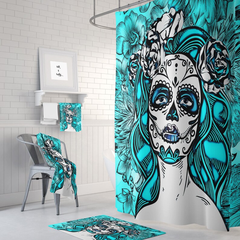 Sugar Skull Shower Curtain Pretty Diva Aqua Teal Bath Mat Etsy