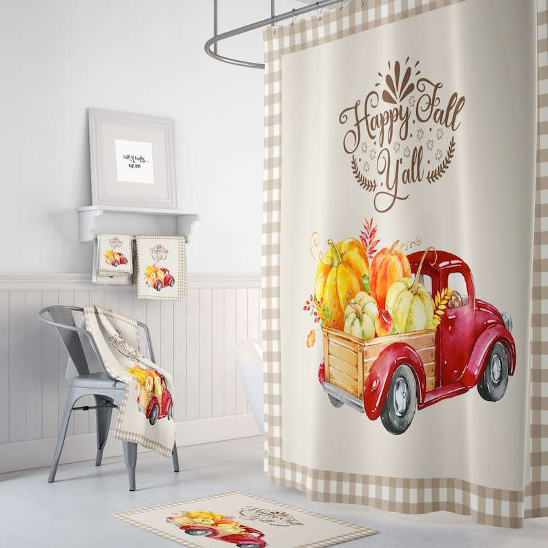 Shower Curtain RedTruck with Pumpkins Happy Fall image 0