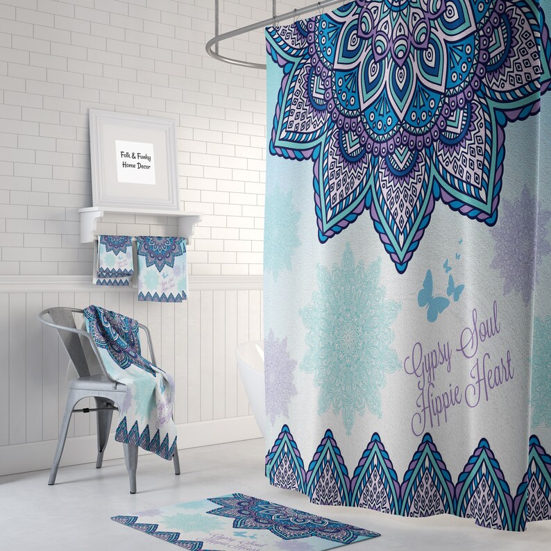 Pastel Watercolor Blue Mandala Shower Curtain Bohemian Decor Etsy