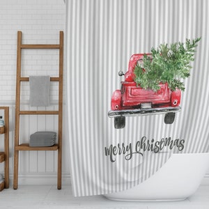Red Truck Decor, Christmas Shower Curtain, Holiday Bathroom Decor - Etsy