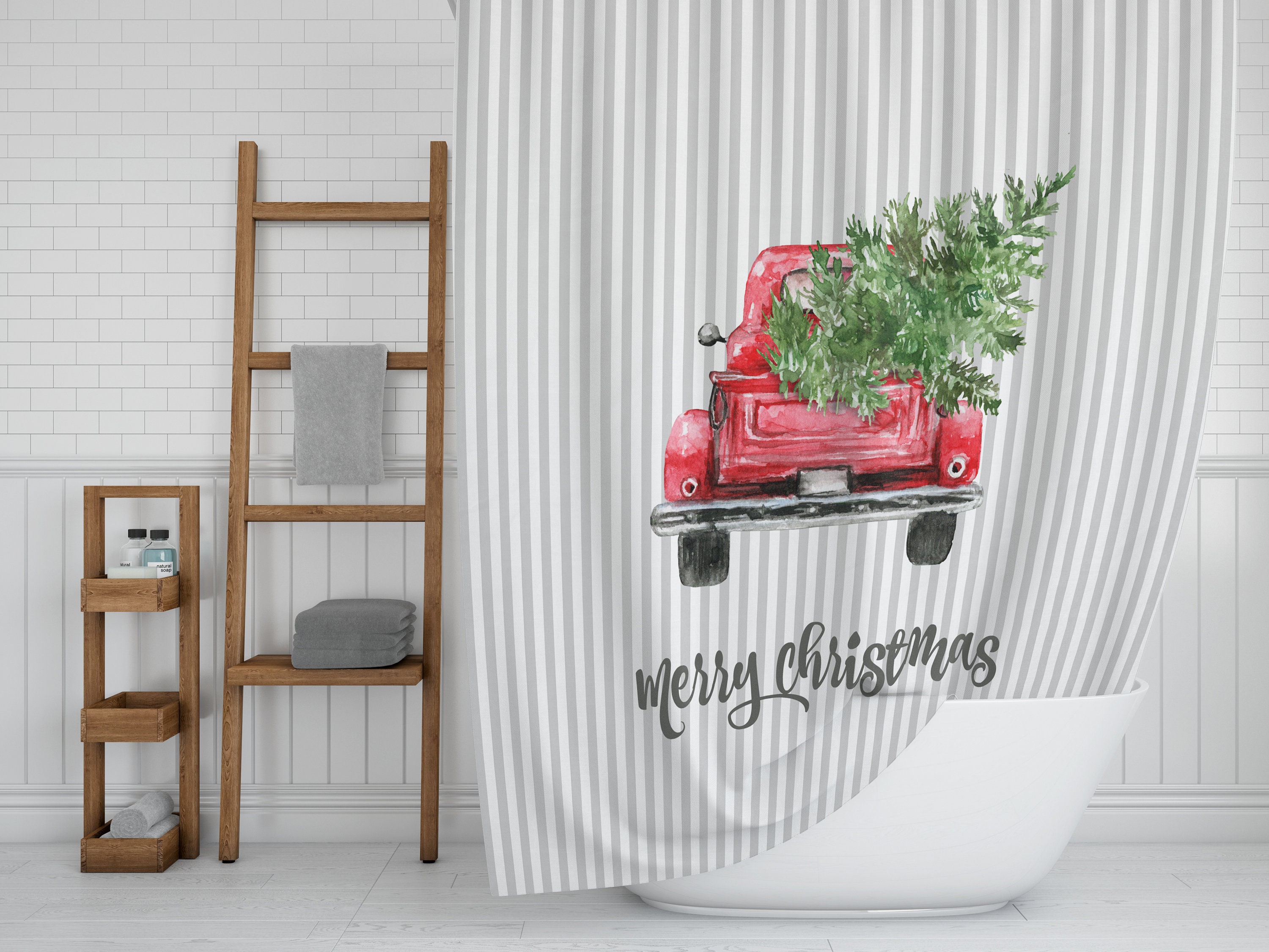 Red Truck Decor Christmas Shower Curtain Holiday Bathroom Etsy