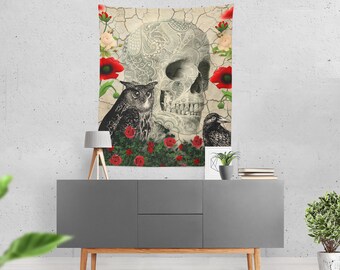 Gothic  Skull Wall Tapestry , Feathered Friends, day Of The Dead