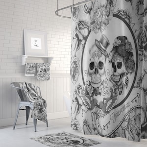 May include: Black and white shower curtain featuring a couple of sugar skulls with floral accents and the text "Forevermore".