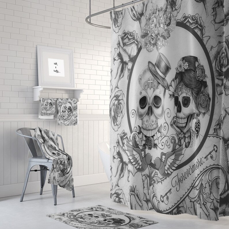 May include: Black and white shower curtain featuring a couple of sugar skulls with floral accents and the text "Forevermore".
