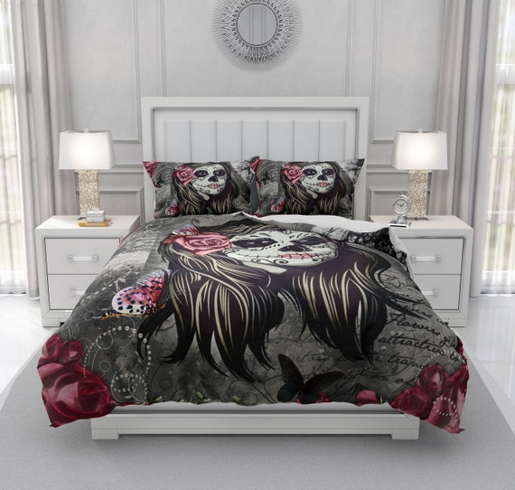 Gray And Deep Red Sugar Skull Comforter Or Duvet Cover With Pillow Shams Romantic Gothic Skull Bedding Twin Full Queen King Size