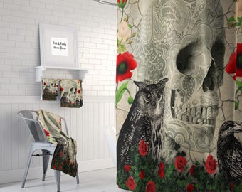 Skull Shower Curtain , Day Of The Dead , Gothic , Crow, Owl, Rose,  Bath Mat, Bath Towels