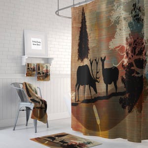 Woodland , Rustic Shower Curtain,  Bath Mat, Towels, Deer, Forest Abstract