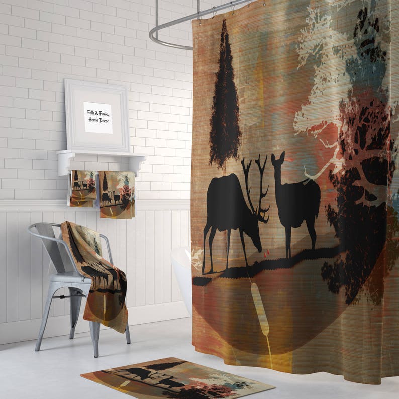 Woodland , Rustic Shower Curtain, Bath Mat, Towels, Deer, Forest Abstract image 1