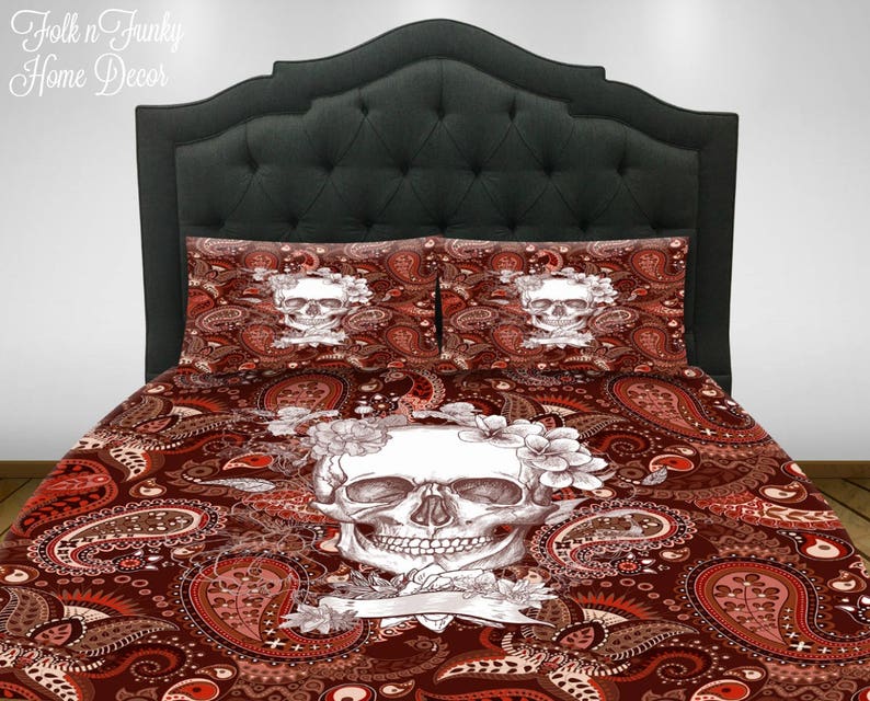 Skull Bedding Brown Paisley Boho Chic Duvet Cover Or Etsy
