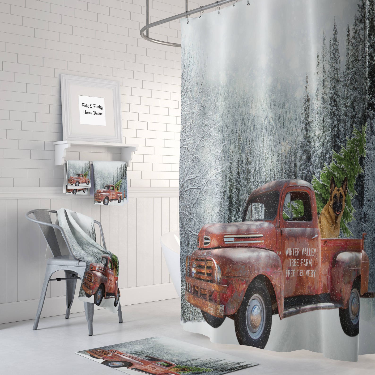 Red Truck With Christmas Tree Shower Curtain Mountains and Etsy