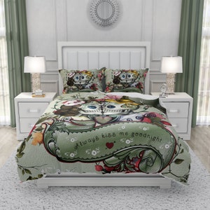 Sugar Skull Couple Bedding Comforter or Duvet Cover Sage Green