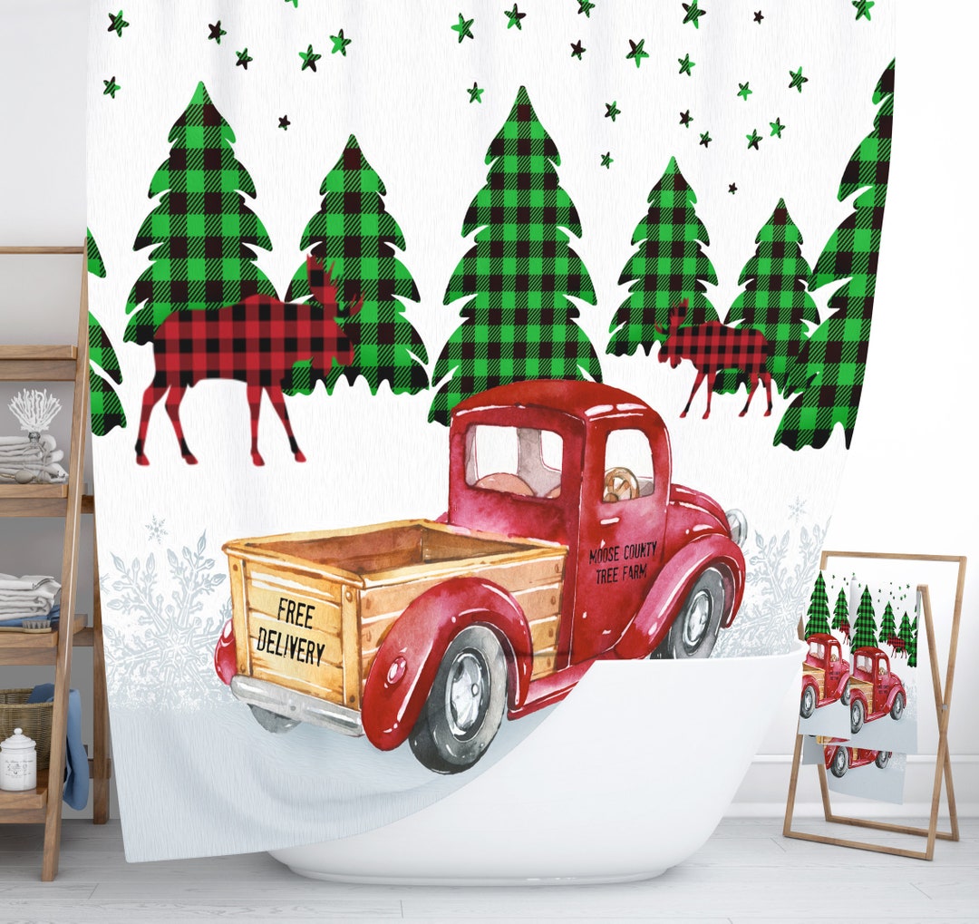 Christmas Shower Curtain Red Truck With Buffalo Plaid Trees Etsy