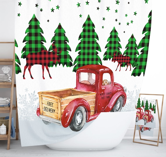 red christmas truck shower curtain