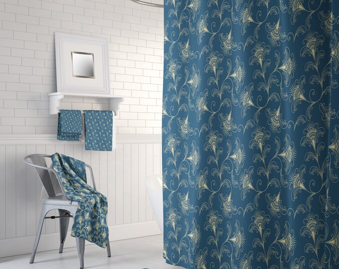 Dark Teal Floral Shower Curtain with Optional Towels and Bath Mat