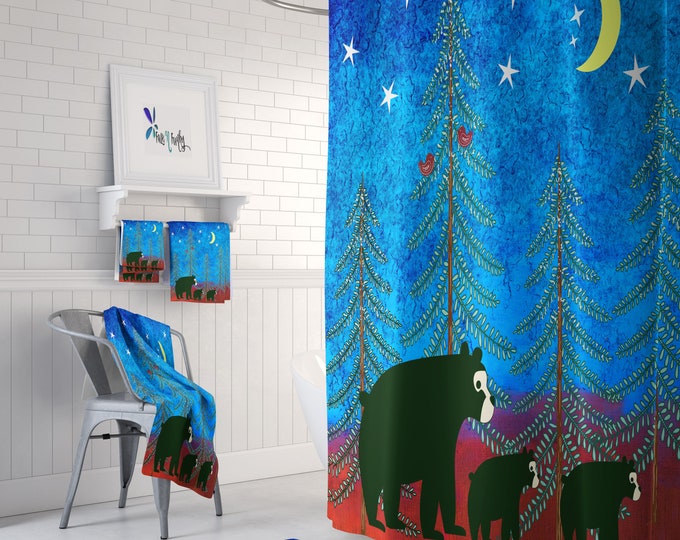 Nordic Woodland Bears Shower Curtain, Optional Towel and Bath Mat, FolkNFunky Bathroom Decor