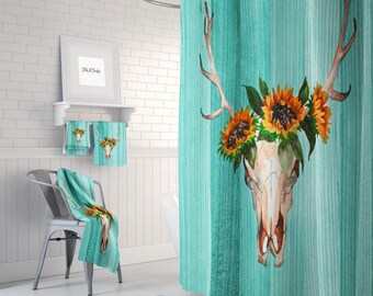 Turquoise Deer Skull Sunflower Shower Curtain