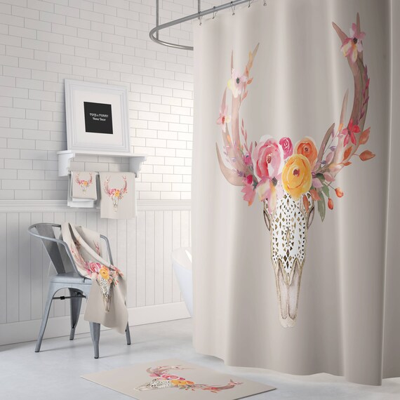 Boho Chic Southwest Skull Shower Curtain Optional Bath Mat Bathroom Set Beige Fl