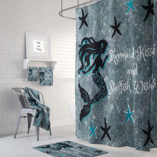 Mermaid Shower Curtain Mermaid Wishes and Starfish Kisses Optional Bath Mat, Towels