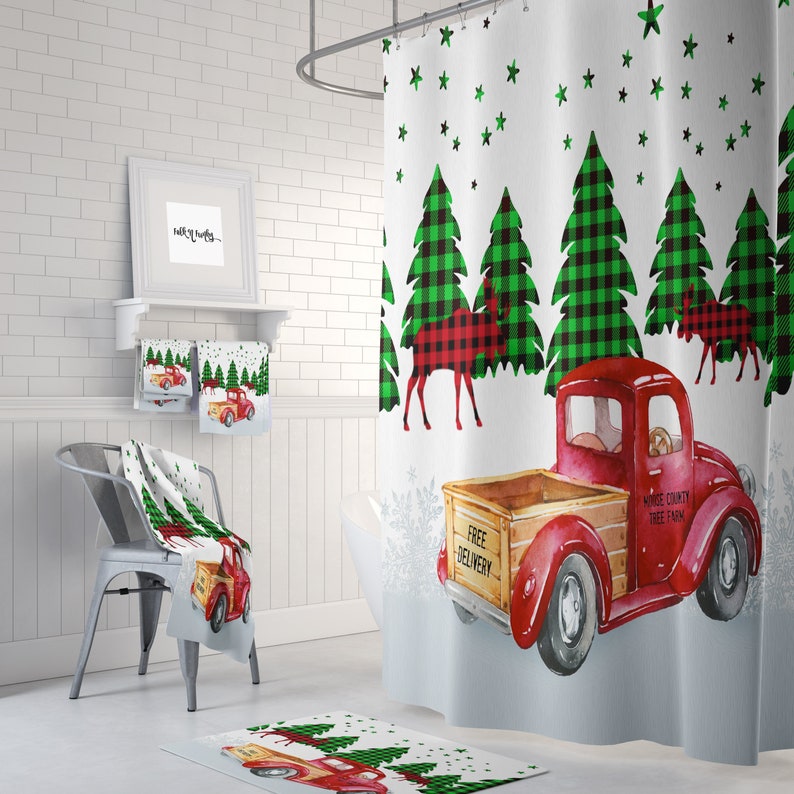 Christmas Shower Curtain Red Truck With Buffalo Plaid Trees Etsy
