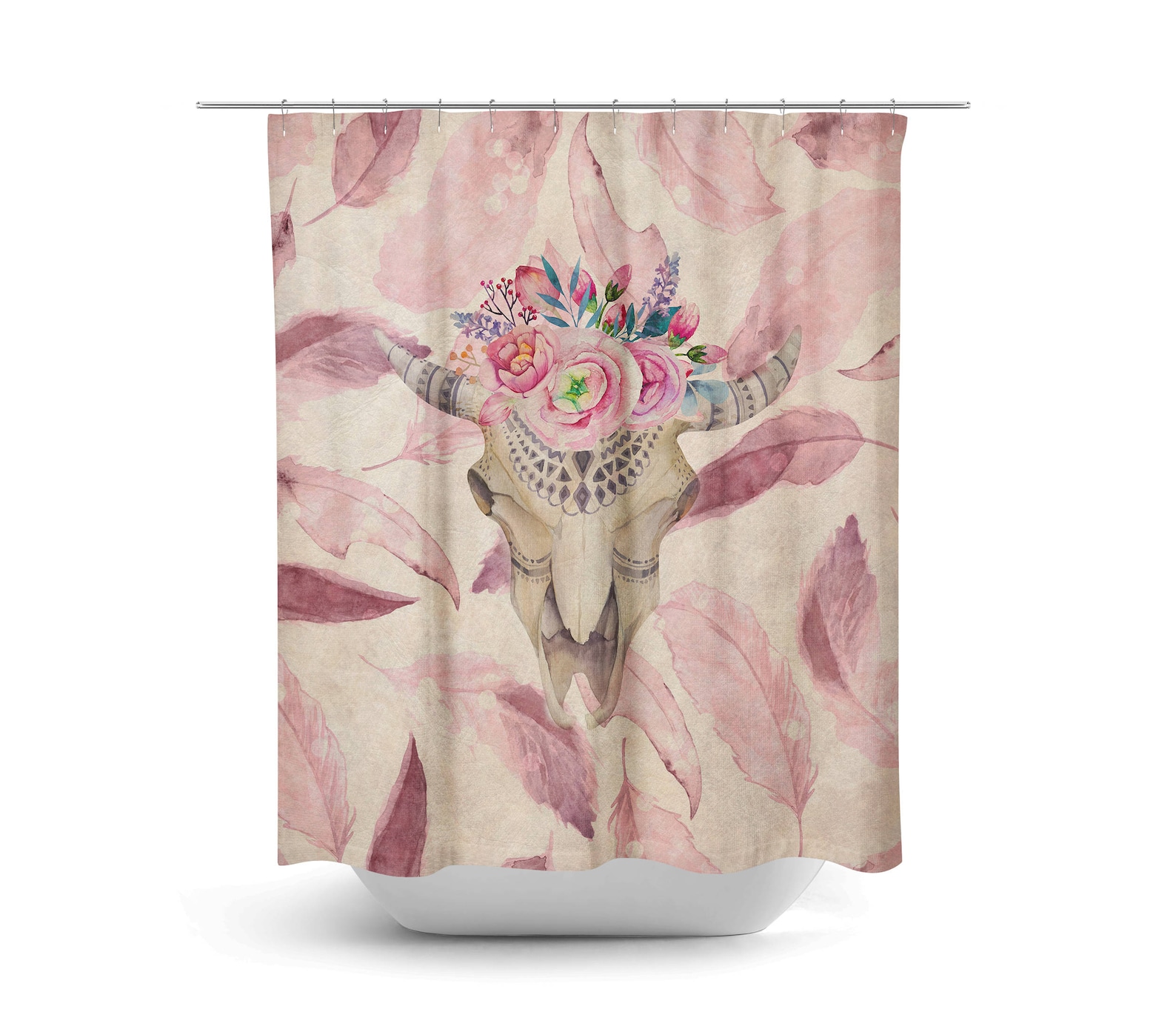 Pink Boho Shower Curtain Bull Skull Bathroom Decor Etsy