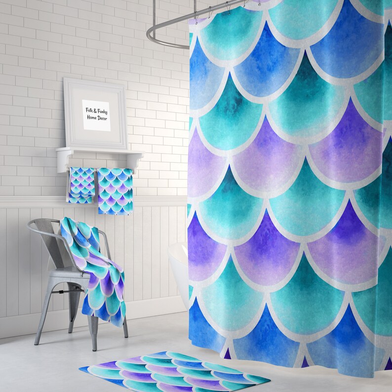 Mermaid Scales Shower Curtain Turquoise Blue Purple Bath Mat Etsy