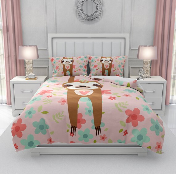 Pink Sloth Bedding Floral Comforter or Sloth King Size Duvet Cover Set by