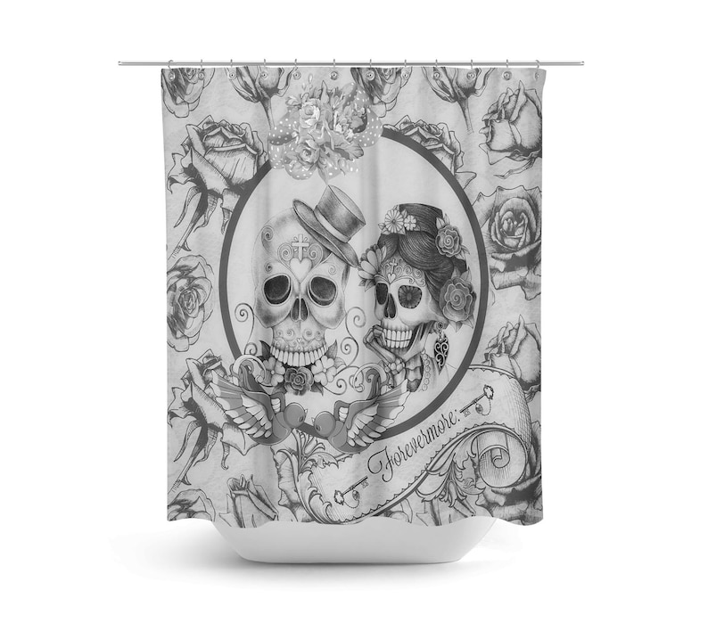 May include: Black and white shower curtain with a skull couple design. The skulls are wearing hats and have flowers in their hair. The text "Forevermore..." is written on the curtain.