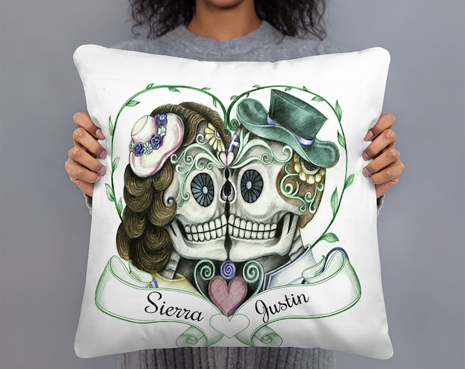 Sugar Skull Throw Pillow , Day Of The Dead, Forever More   Personalized, Custom, Monogram Pastels
