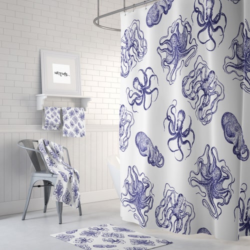 Navy Blue Octopus Shower Curtain Etsy