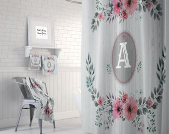 Shabby Custom Monogram Shower Curtain Optional Bath, Bath Towels  Mat Bathroom Set Faux Wood and Roses