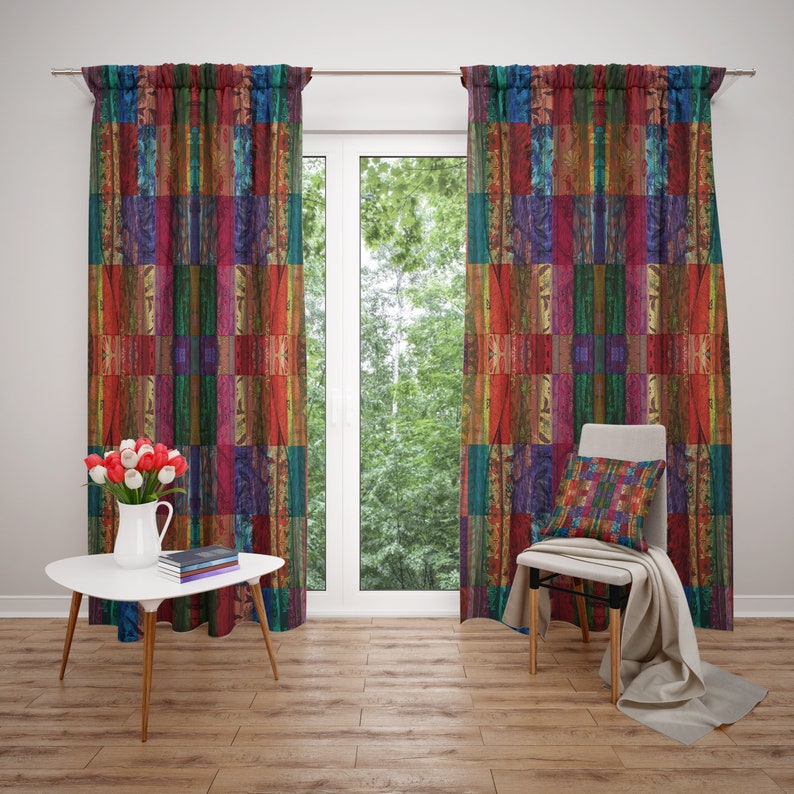 Faux Patchwork Fenster Vorhang Boho Vorhang Panels bunte