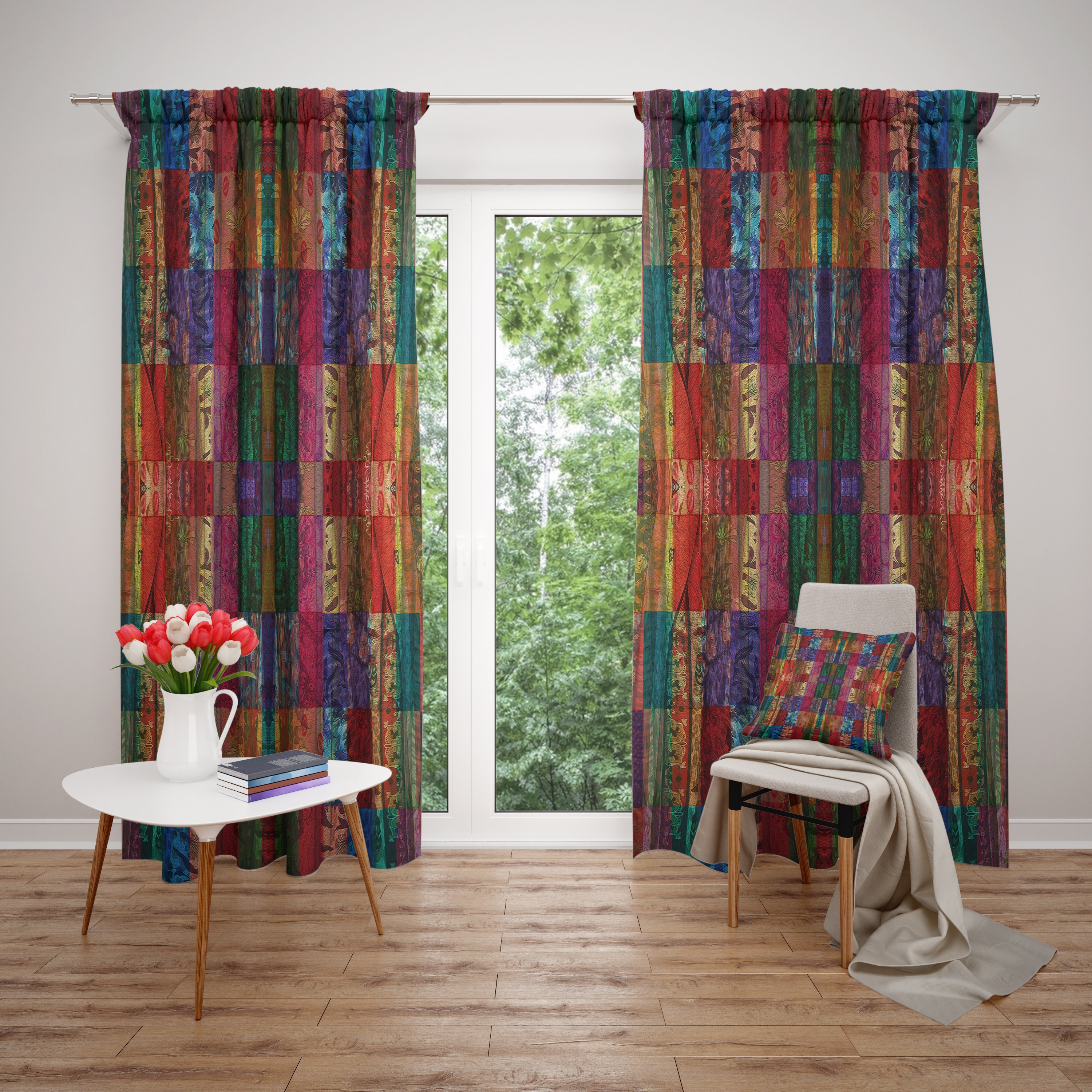 Faux Patchwork Window Curtain Boho Curtain Panels Colorful Etsy